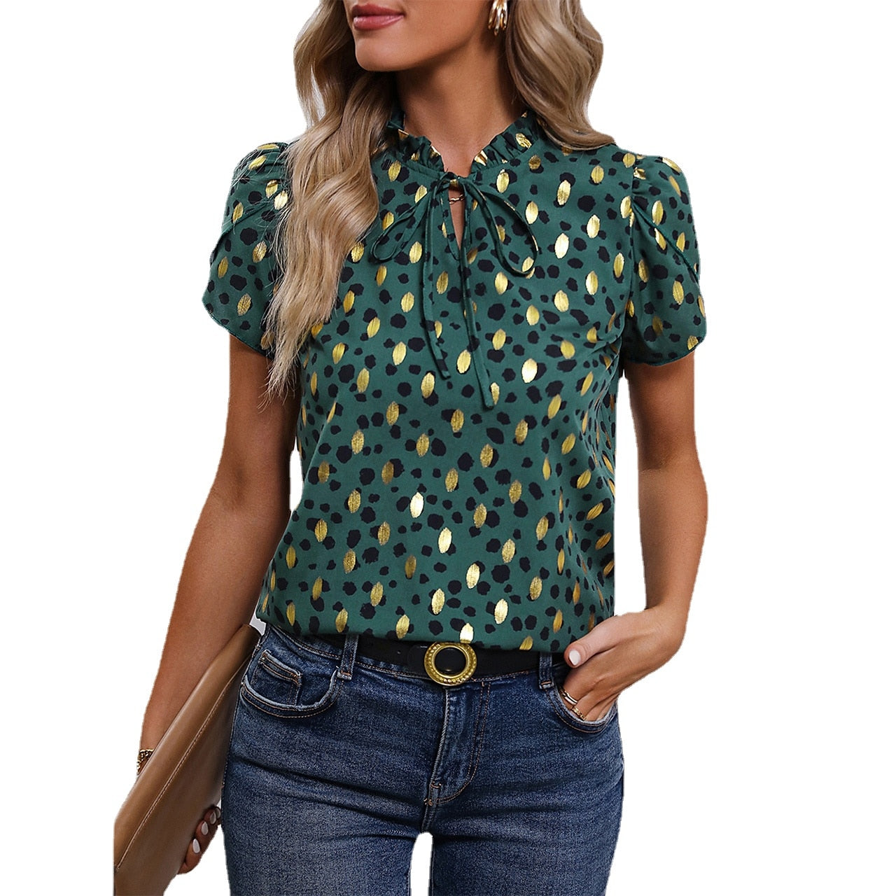 Gold Dot Print Puff Sleeve Blouse