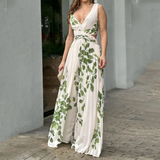 Sleeveless V Neck Cutout Nipped Waist Loose Jumpsuit