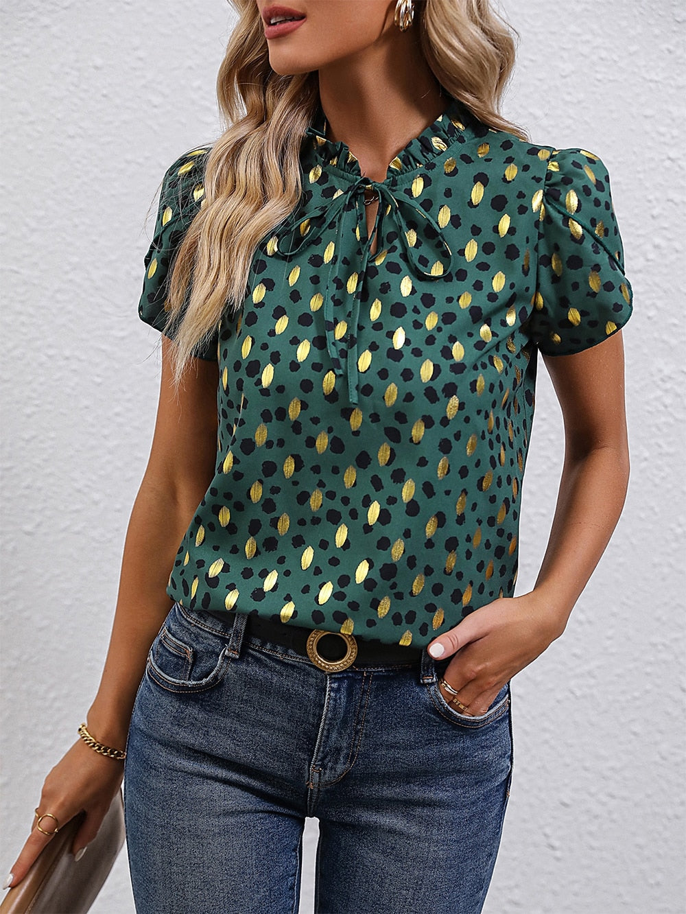 Gold Dot Print Puff Sleeve Blouse