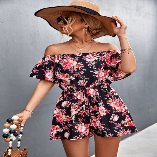 Flowers Printed Off Shoulder Slim Romper